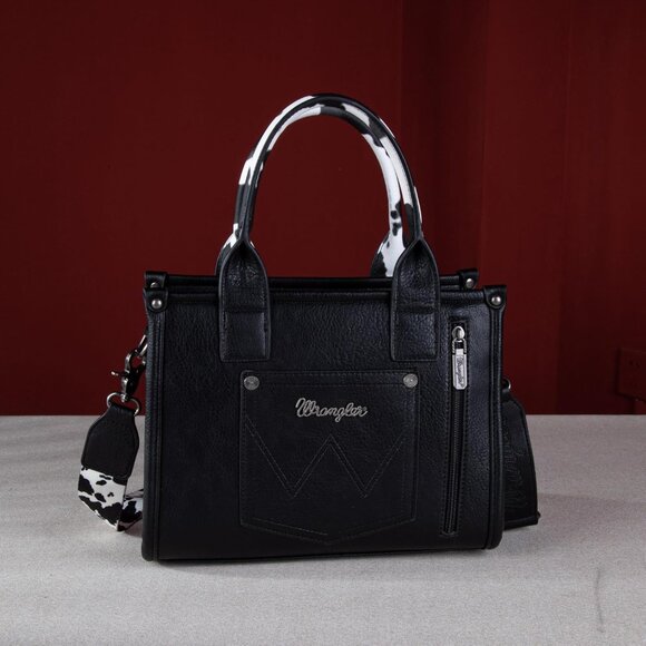 Elegant Wrangler Cow Print Tote Bag - Vegan Leather Shoulder Purse, 11 x 3.8 x 8 - Picture 3 of 7